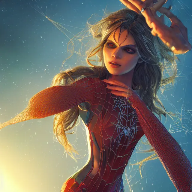 Image similar to spiderwoman, centred, very long hair, hd, hyperdetailed illustration by irakli nadar, intricate linework, bright colors, octopath traveler, final fantasy, unreal engine 5 highly rendered, global illumination, radiant light