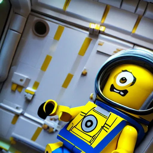 Image similar to lego minion astronaut in the spaceship by goro fujita, realism, sharp details, cinematic, highly detailed, digital, 3 d, yellow colors