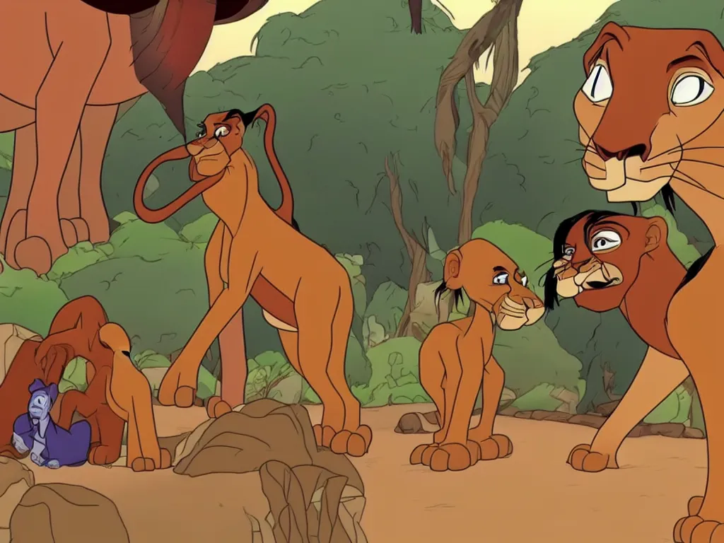 Prompt: a screen cap with samuel l jackson on safari, screenshot from the lion king cartoon