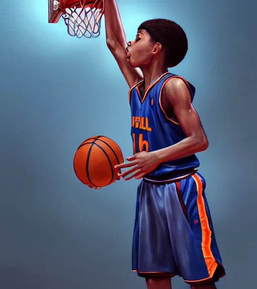 Image similar to portrait of a boy at a basketball court playing basketball wearing a basketball jersey in a basketball court standing near the basketball hoop, intense emotion, detailed facial expression, detailed surroundings, intricate, elegant, highly detailed, centered, digital painting, artstation, concept art, smooth, sharp focus, illustration, by (Steven Spielberg), WLOP