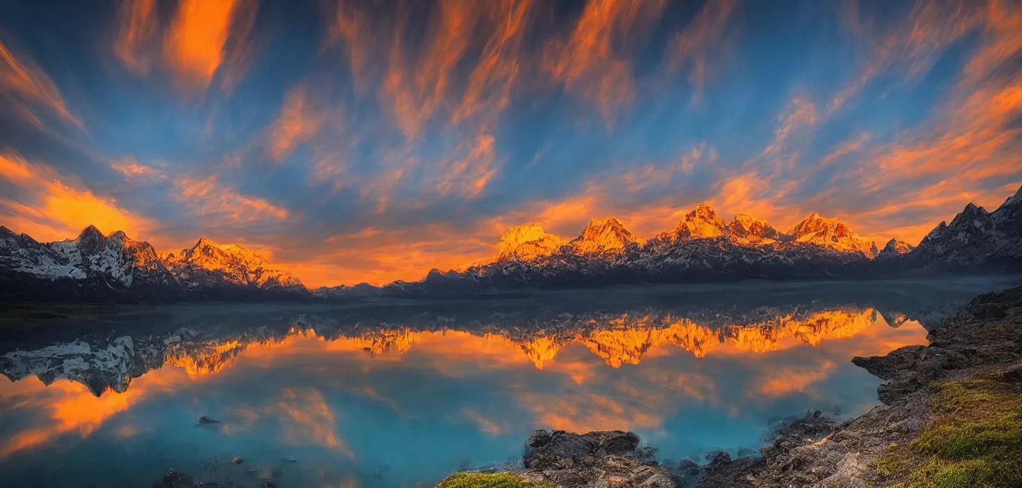 Image similar to amazing landscape photo of mountains with lake in sunset by marc adamus, beautiful dramatic lighting