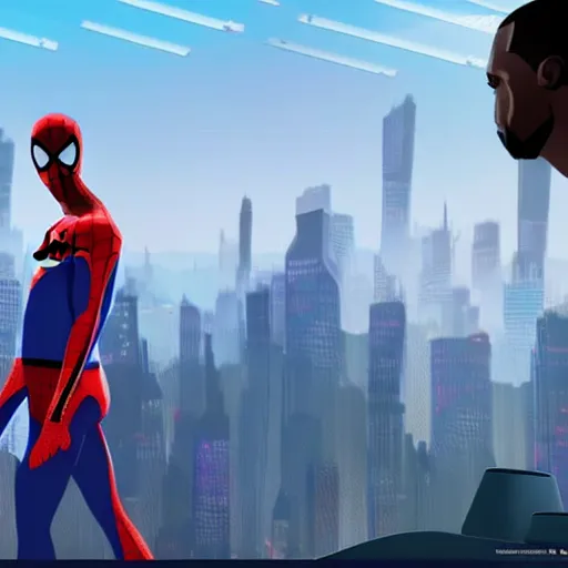 Prompt: Kanye West in SpiderMan: Into The SpiderVerse, cel shaded, illustration, 3D animation, 2D animation, rendered in Unreal Engine, comic book style