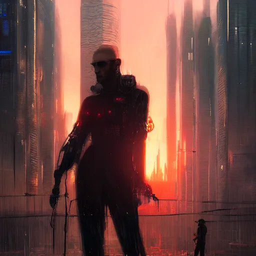 Image similar to cyberpunk, wintermute, neuromancer, closeup portrait of an evil ai, dramatic light, city background, sunset, dystopian setting, high contrast, sharp, painted by stanley lau, painted by greg rutkowski, painted by stanley artgerm, digital art, trending on artstation