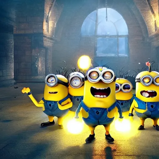 Prompt: POV of a group of minions chasing you angrily. The minions are carrying torches and pitchforks. The minions are angry. concept art, sharp lighting, 4k, detailed, Peter Jackson, Ridley Scott, bright colors