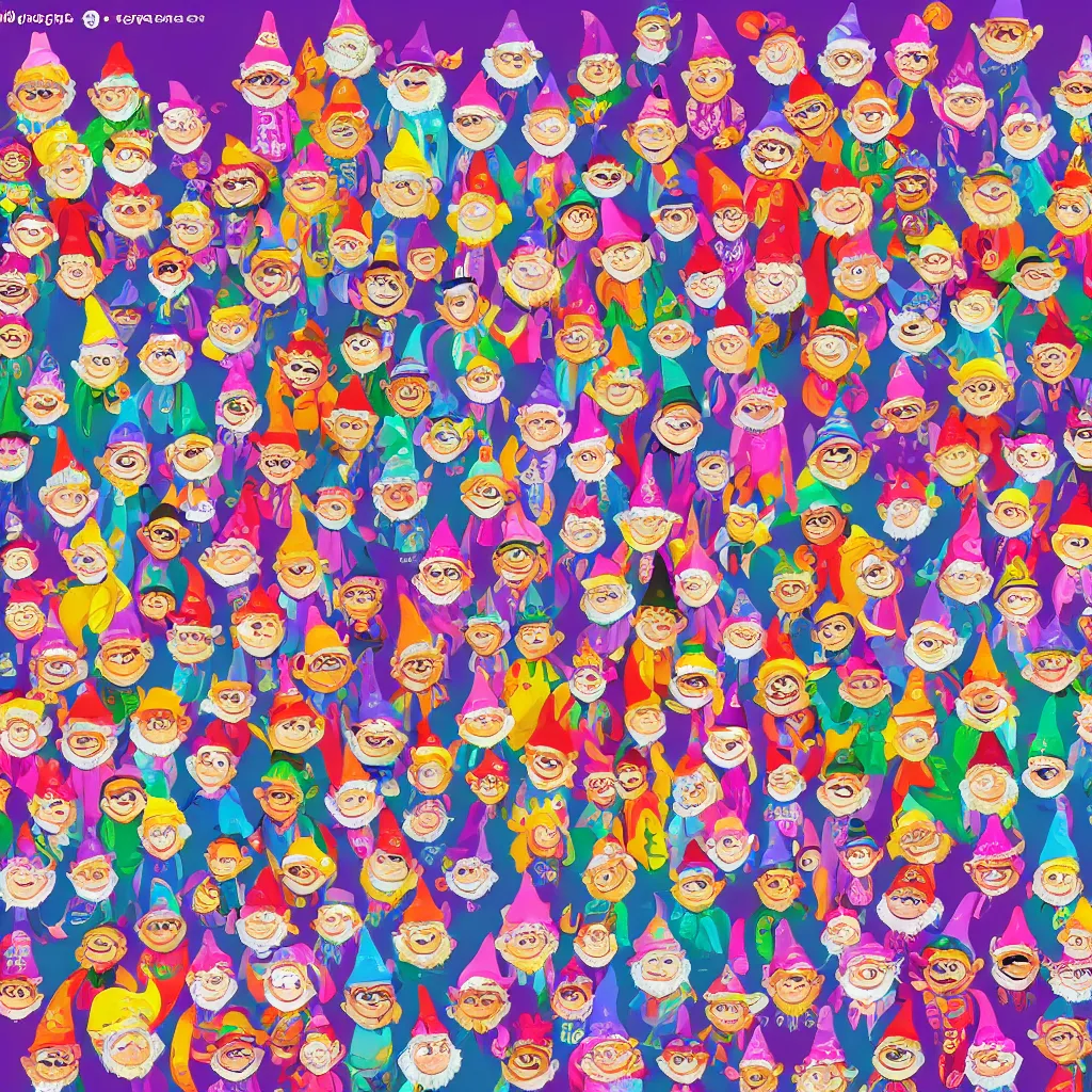 Image similar to 100 gnomes colorful in the style of lisa frank