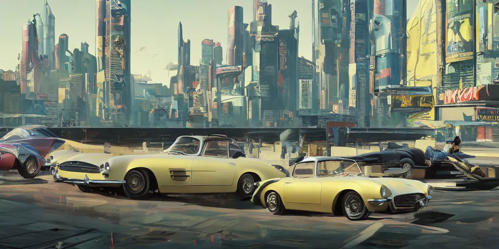 Image similar to art style by Ben Aronson and Edward Hopper and Syd Mead, wide shot view of the Cyberpunk 2077, on ground level. full view of the hybrid design between Aston Martin DB4 1958, Corvette C2 1969, and Mercedes-Benz 300sl 1955 with wide body kit modification and dark pearlescent holographic paint.