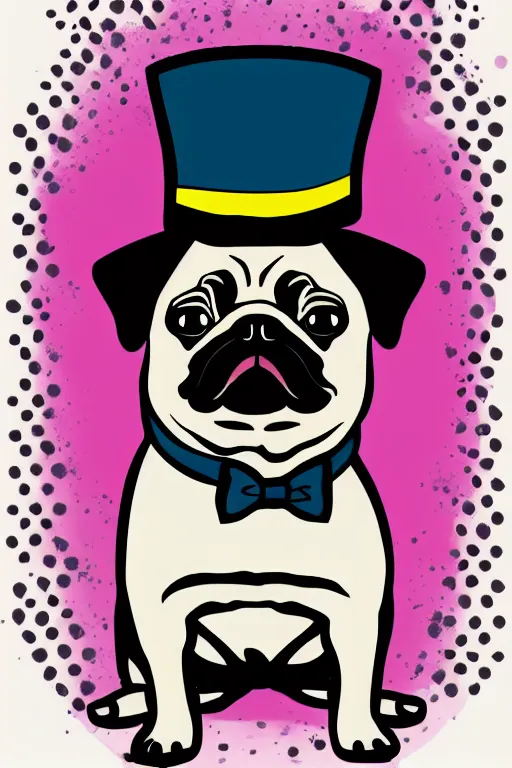 Image similar to A portrait of a pug wearing a top hat, sticker, colorful, illustration, highly detailed, smooth and clean vector curves, no jagged lines, vector art, smooth