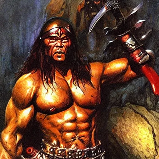 Image similar to “ conan the barbarian holds great 🪓 up to a giant black 🕷, with red eyes. ” painted by val semeiks, john buscema, ernie chan and earl norem.