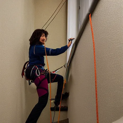 Prompt: A climbing expedition climbing the stairs of a regular apartment building. They are using ropes, pickaxes and other professional climbing gear in order to climb the stairs. Photograph, f/8, room lighting, indoor