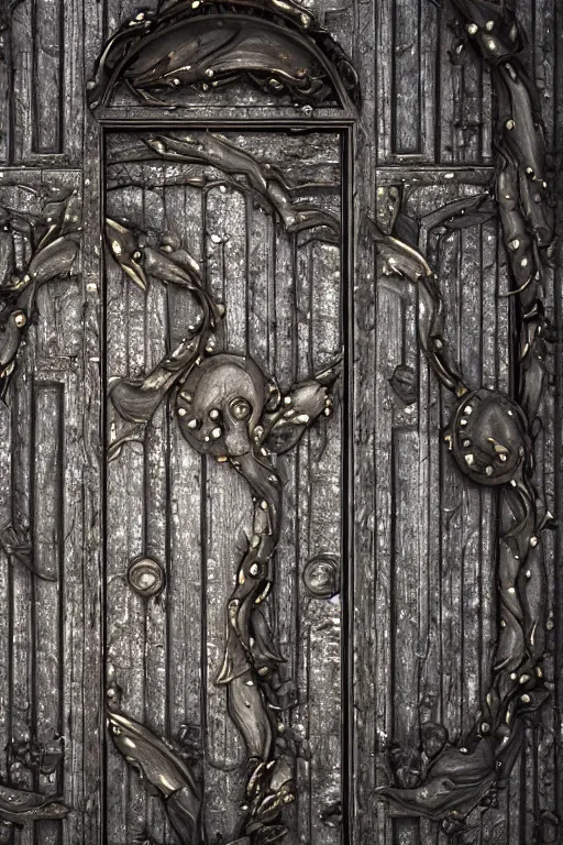 Prompt: a huge old weathered dark wooden door made with shiny metallic rush plant ornaments, reflecion, ornate, fantasy, photorealistic, octane render, high definition, ultra detailed, trandind on artstation, midjourney