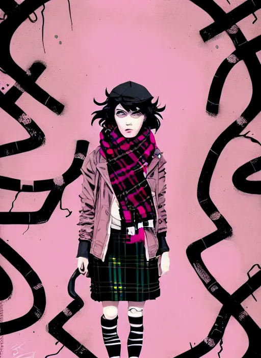 Image similar to highly detailed portrait of a sewer ( ( emo punk ) ) lady student, beanie, pink eyes, tartan scarf, curly hair by atey ghailan, by greg rutkowski, by greg tocchini, by james gilleard, by joe fenton, by kaethe butcher, gradient pink, black, brown and cream color scheme, grunge aesthetic!!! graffiti tag wall background