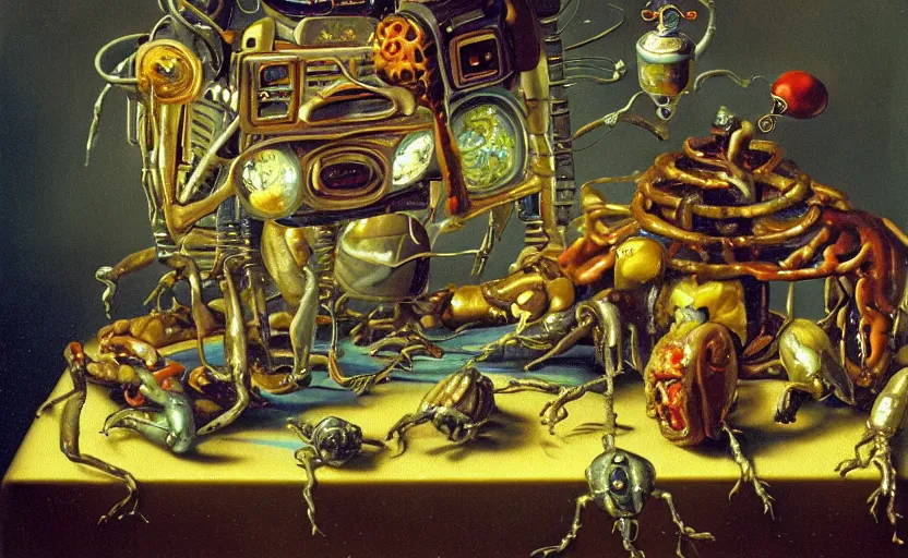 Image similar to strange robot body, disturbing colorful oil painting dutch golden age vanitas still life sparse composition with bizarre objects strange gooey transparent surfaces shiny metal reflections bizarre mutant meat insects rachel ruysch dali todd schorr very detailed perfect composition rule of thirds masterpiece canon 5 0 mm, cinematic lighting, photography, retro, film, kodachrome