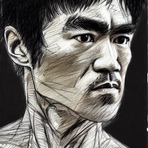Image similar to a realistic yet scraggly portrait sketch of the side profile of a stern and sophisticated bruce lee, trending on artstation, intricate details, in the style of frank auerbach, in the style of sergio aragones, in the style of martin ansin, in the style of david aja, in the style of mattias adolfsson