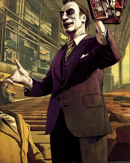 Image similar to portrait of saul goodman as the joker, gta loading screen, art by makoto shinkai and peter elson, bernie wrightson