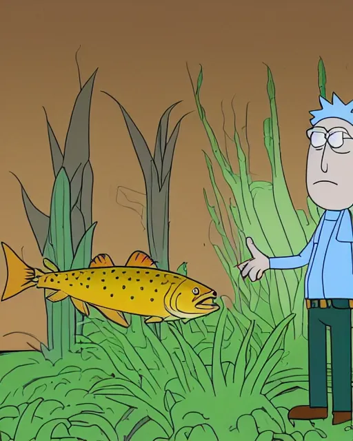 Prompt: Rainbow Trout farmer drawn in the style of Rick and Morty, Adult Swim, Rick and Morty, Justin Roiland