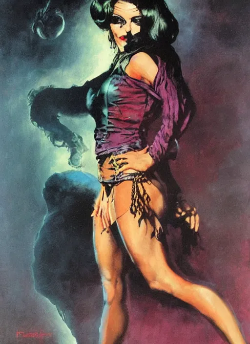 Image similar to seventies horror actress, sequin top, dark night, strong line, deep color, beautiful! coherent! by brom, by frank frazetta,