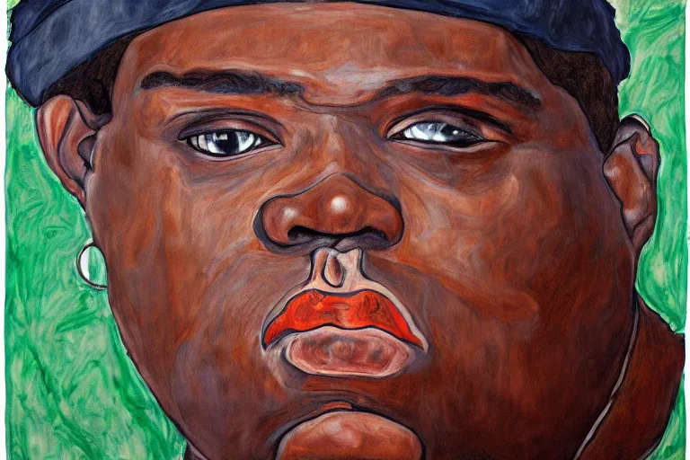 Image similar to a mug shot style portrait of biggie smalls in style of egon schiele, masterpiece, hyperdetailed, complex, intricate, 4 k, trending on artstation