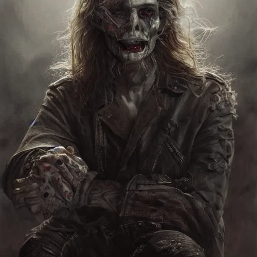 Image similar to portrait painting of a sneering biker with pale skin and shaggy hair, drinking blood out of a goblet, sharp focus, ultra realistic, concept art, intricate details, eerie, highly detailed, photorealistic, octane render, 8 k, unreal engine. art by artgerm and charlie bowater and greg rutkowski