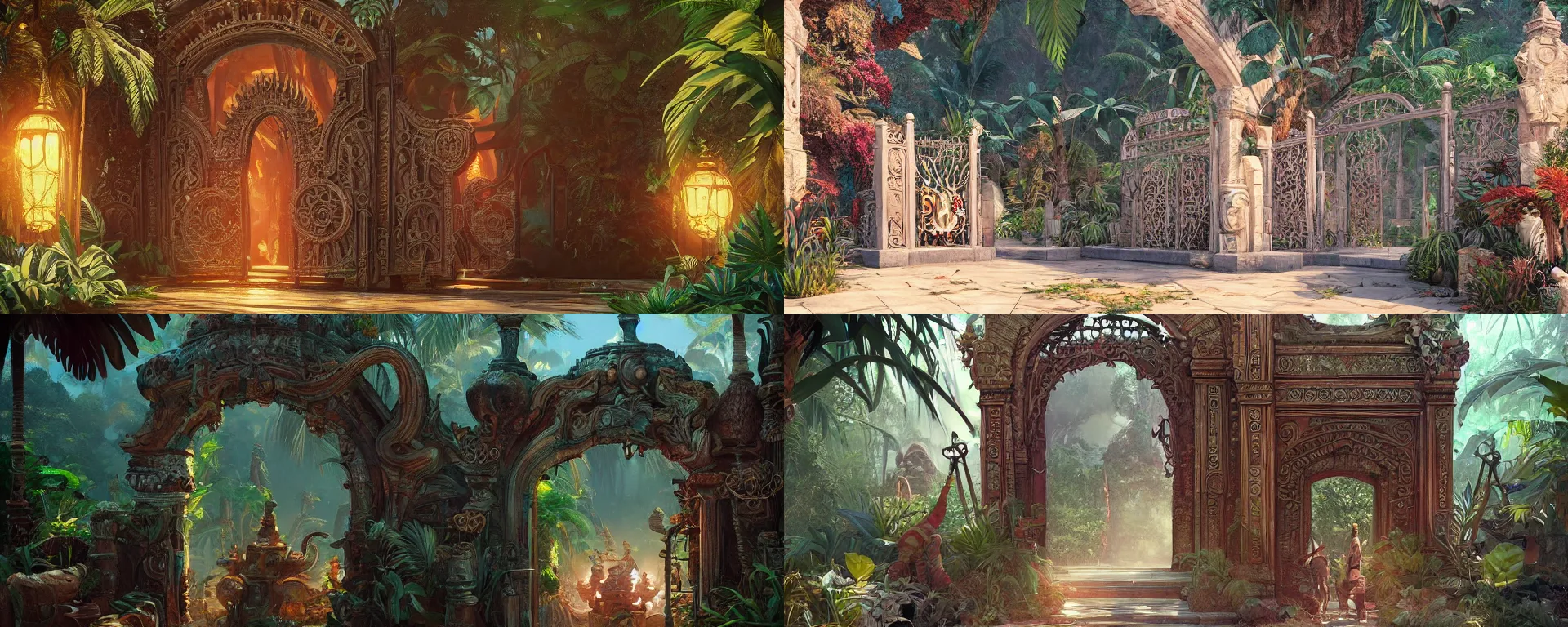 Prompt: a beautiful detailed painting of ancient ornamental gate in the middle of tropical jungle cinematic landscape by alejandro burdisio, by greg tocchini, by james gilleard, by joe gb fenton, by kaethe butcher, dynamic lighting, vibrant, clean, grunge aesthetic, octane render, artstation