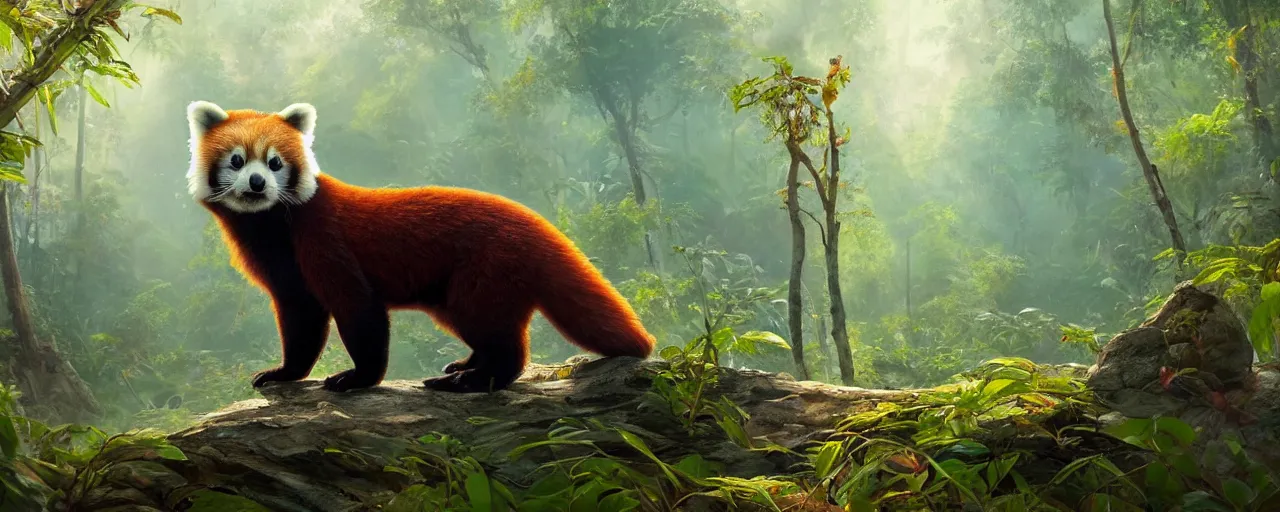 Prompt: an cute Red Panda standing in the jungle, beautiful dynamic lighting, cinematic, wide angle establishing shot, extremely high detail, photo realistic, cinematic lighting, post processed, concept art, artstation, matte painting, style by frederic church, raphael lacoste, unreal engine 8k