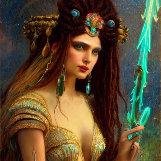 Image similar to artstation, intricate detail, portrait by gaston bussiere, tan skin, lady of elche, egyptian sumerian features, techno mystic dominatrix goddess princess intergalactica inanna with aqua neon rapunzel dreadlocks,