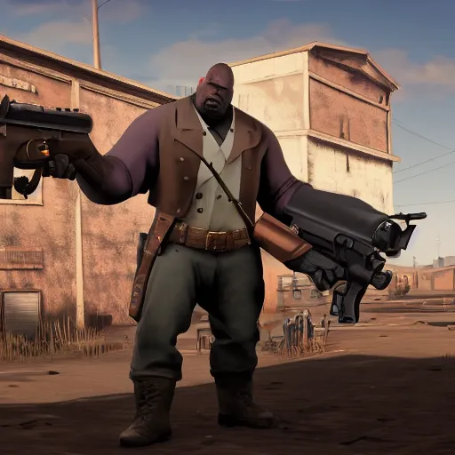 Image similar to Film still of the heavy from team fortress 2 in a town from Red Dead Redemption 2 (2018 video game), concept art