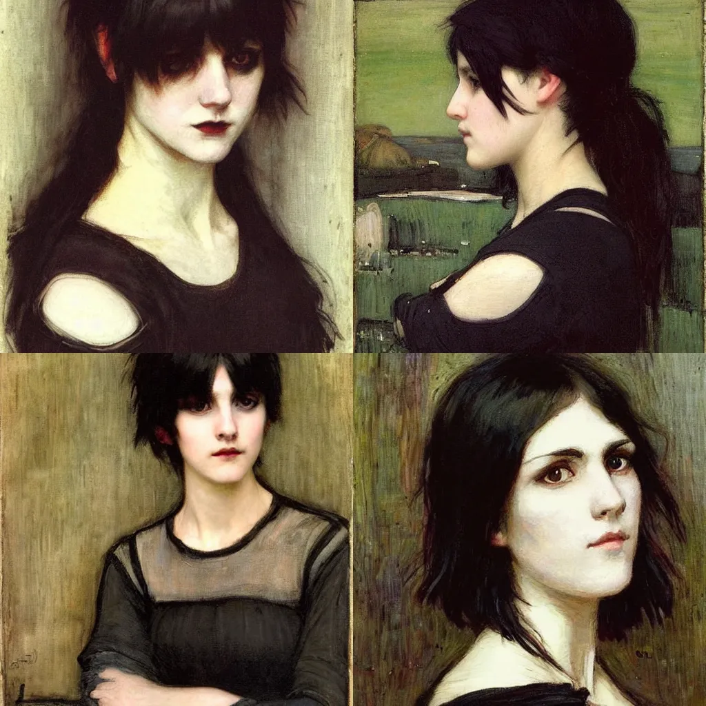 Prompt: a goth portrait painted by john william waterhouse. her hair is dark brown and cut into a short, messy pixie cut. she has a slightly rounded face, with a pointed chin, large entirely - black eyes, and a small nose. she is wearing a black tank top, a