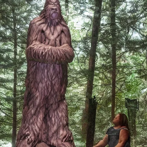 Image similar to occult worshippers worshipping a bigfoot statue