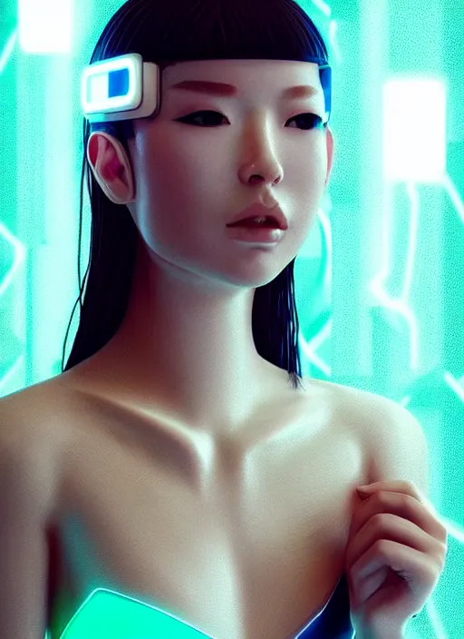 Image similar to a beautiful oriental female humanoid with freckled cheeks, cyber neon lighting, futurism, intricate futuristic jewelry accessories, cyberpunk glossy white latex swimsuit, profile posing, hyper photorealistic, crispy quality, digital photography, trending in artstation, trending in pinterest, cinematic, 4 k ultra hd, art by pascal blanche, art by greg rutkowski,