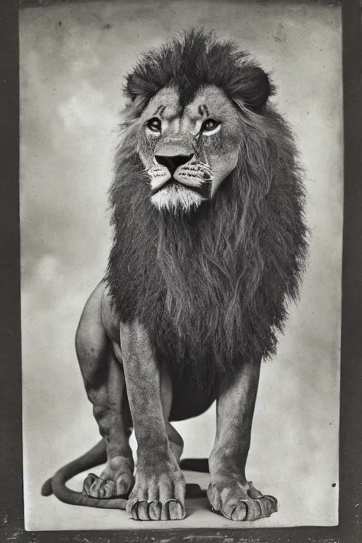 Image similar to a wet plate photo of an anthropomorphic mean looking lion king