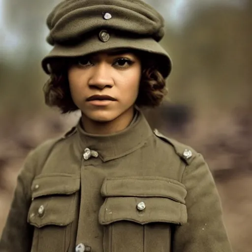 Prompt: Zendaya as a soldier, ww1 trench, war photo, film grain