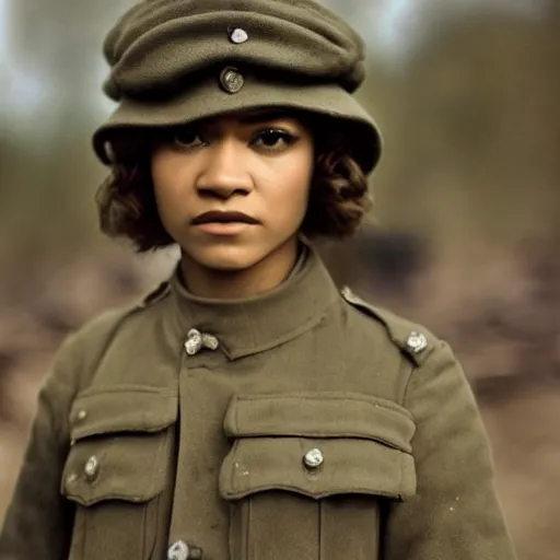 Image similar to Zendaya as a soldier, ww1 trench, war photo, film grain