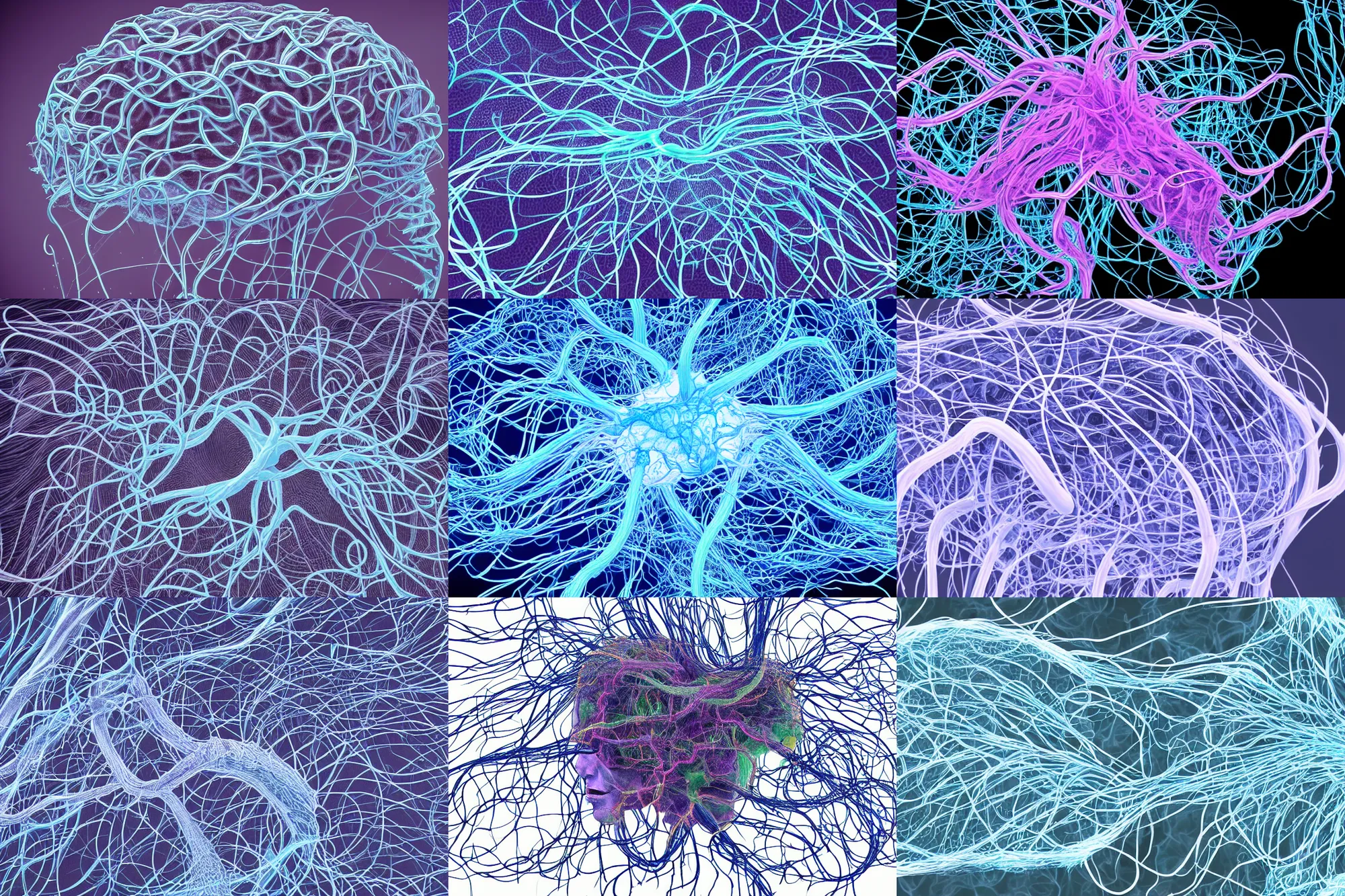 Prompt: tendrils flowing from brain to brain interbrain interconnects nervous system nursion diffusion mri neural fiber tractography concept art fractalcaleidoscope