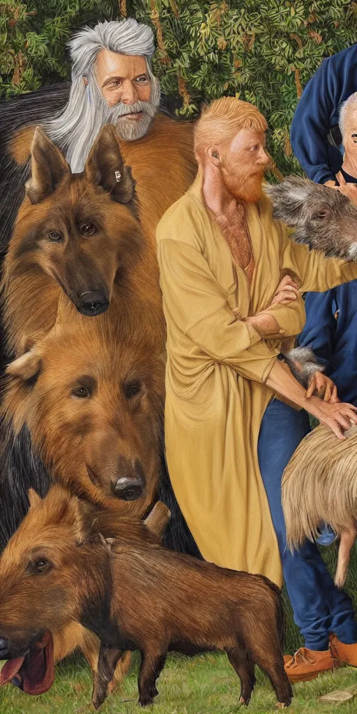 Image similar to beautiful detailed acrylic painting of a fit and mystical elderly man, has blond hair and ginger beard, surrounded by a Belgian shepherd and a wild boar