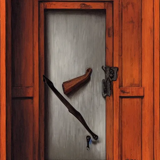 Prompt: a wooden door broken in half with an axe, by Gerald Brom, realistic, detailed, trending on art station