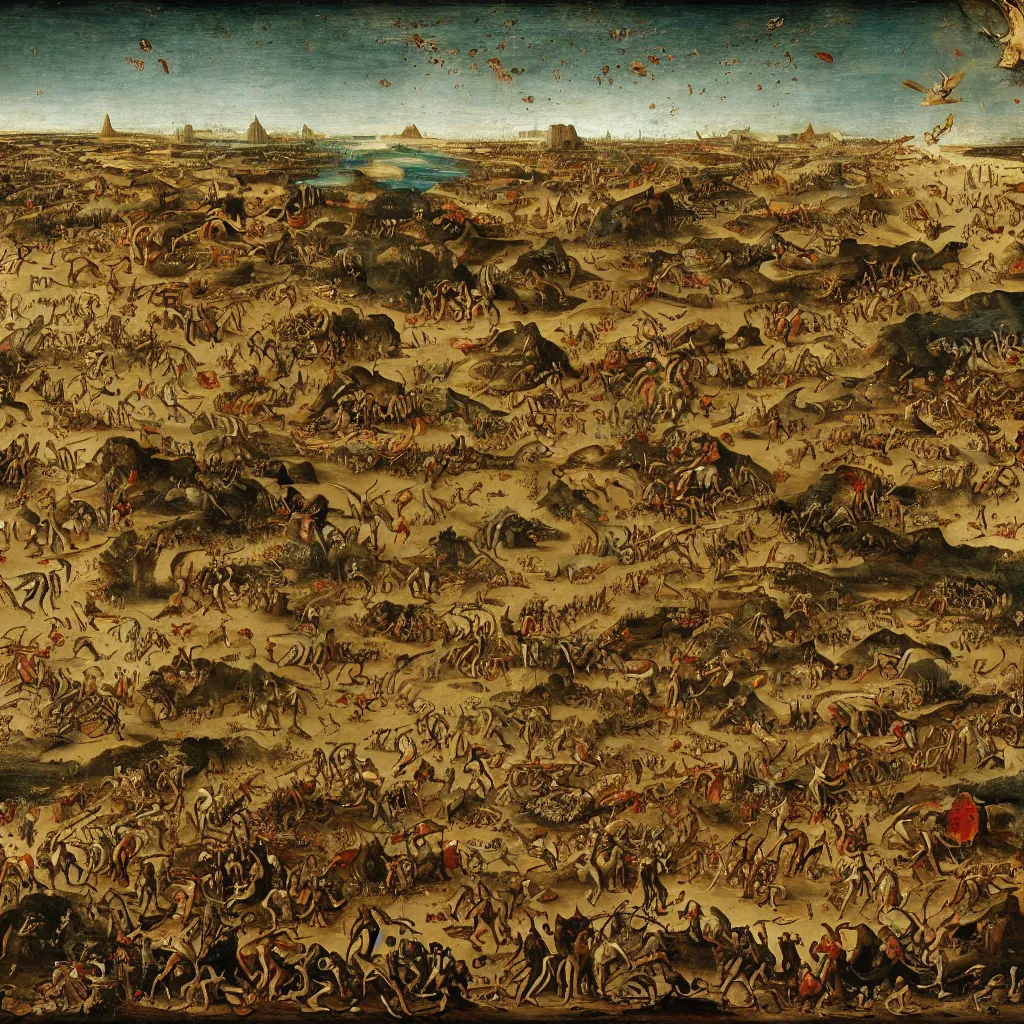 Prompt: Blood Tsunami and swarm of locusts engulfing a decadent ancient egyptian city, wrath of god, Bruegel the Elder