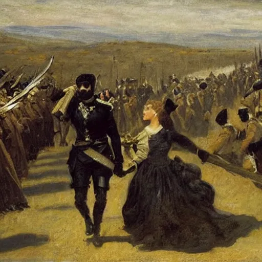 Image similar to action heroine leading an army by foot, by alfred stevens