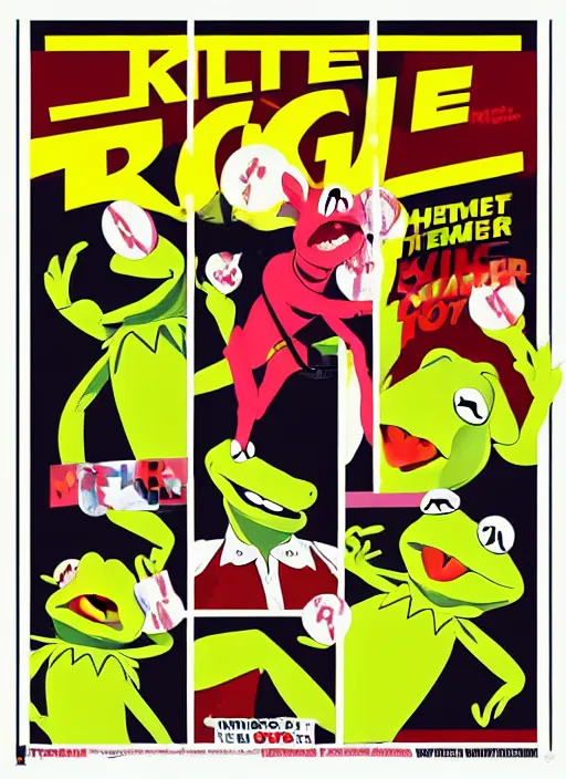 Image similar to poster artwork by Michael Whelan and Tomer Hanuka, The Muppet Show, Kermit and Miss Piggy karate fight scene from Kill Bill, pop art poster, vector art, poster artwork by Michael Whelan and Tomer Hanuka