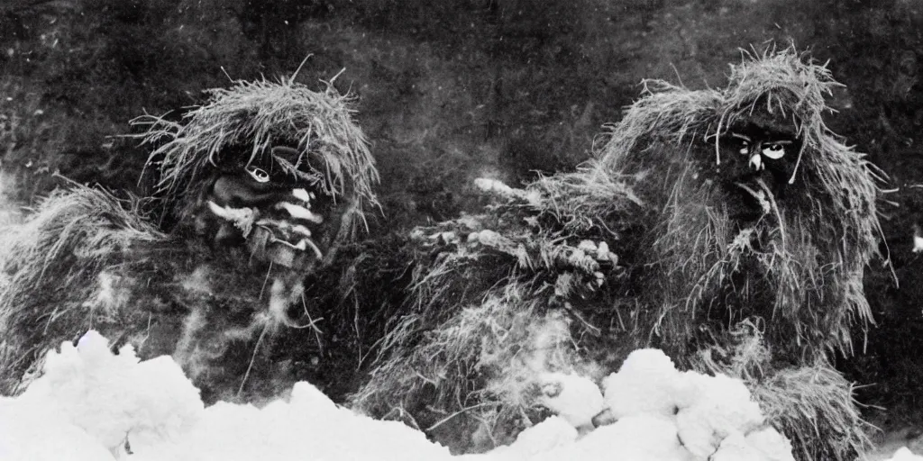 Image similar to 1 9 2 0 s photography of krampus hay monster burning on a pyre, submerged in snow