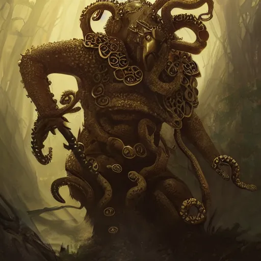 Prompt: forest octopus, great king of stovokor, wields his sword in battle against enemies in golden masks, epic battle scene by jaime jones, artgerm, sergeant, artstation, masterpiece, high detail, wide camera angle