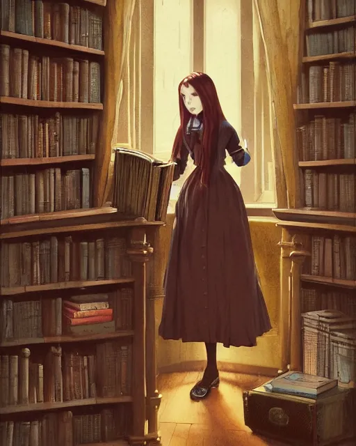 Image similar to a portrait of a victorian maid with long, flowing, auburn hair, detailed face, large eyes, standing in a victorian reading room, window, short bookshelf, holding a stack of books, vivid colors, soft lighting, atmospheric, cinematic, moody, in the style of Ilya Kuvshinov and Range Murata, Krenz Cushart, oil on canvas, anime, 8K