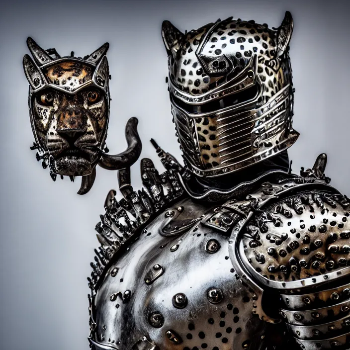 Image similar to photo of a warrior with metal jaguar themed armour, highly detailed, 4 k, hdr, smooth, sharp focus, high resolution, award - winning photo