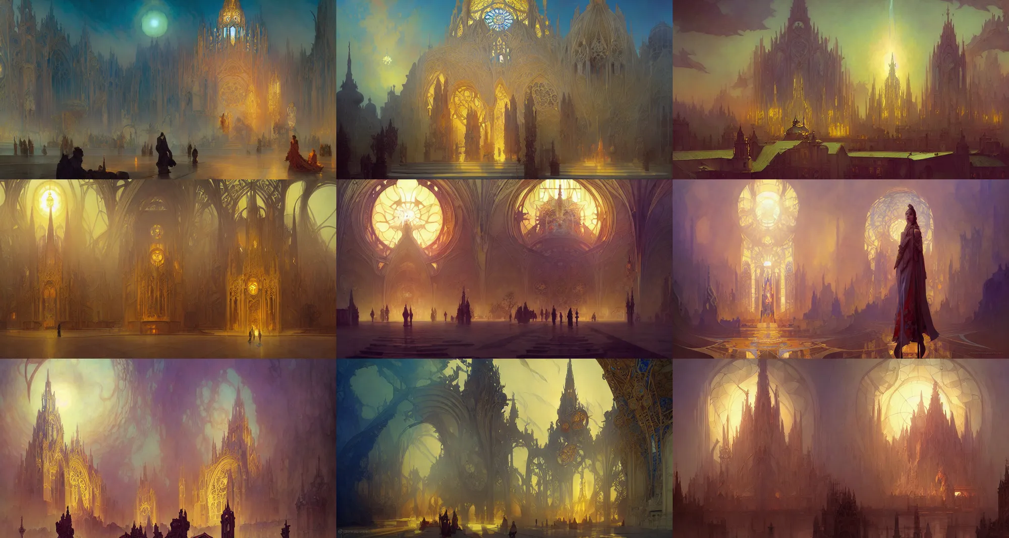 Prompt: cathedral of sun, art nouveau architecture, fantasy, art by joseph leyendecker, peter mohrbacher, ivan aivazovsky, ruan jia, reza afshar, marc simonetti, alphonse mucha