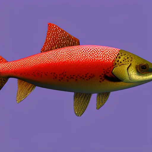 Image similar to 3 d render of a cute trout with a shakespearian collar in an aquarium on a dark blue background, digital art