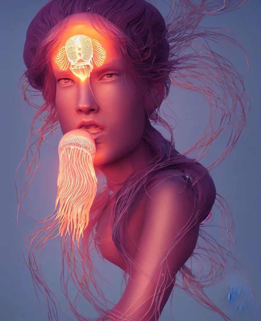 Image similar to goddess portrait. jellyfish phoenix head. intricate artwork by Tooth Wu and wlop and beeple. octane render, trending on artstation, greg rutkowski very coherent symmetrical artwork. cinematic, hyper realism, high detail, octane render, 8k