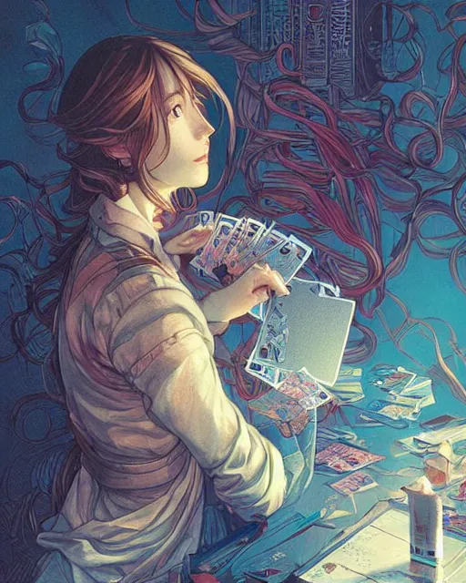 Image similar to a girl shuffling cards, midshot single subject, art poster, ambient lighting, detailed, by ayami kojima, makoto shinkai, kilian eng