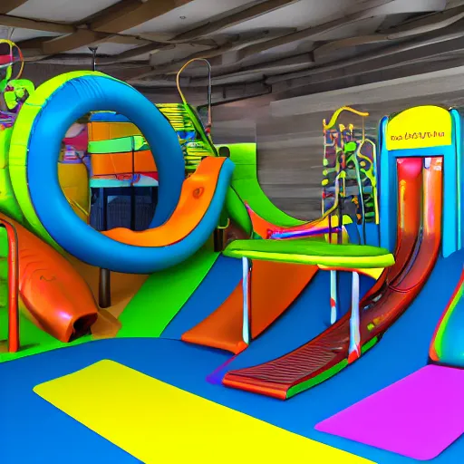 Image similar to an indoor play area with a slide and climbing wall, concept art by bourgeois, dribble, abstract expressionism, polycount, high definition, parallax