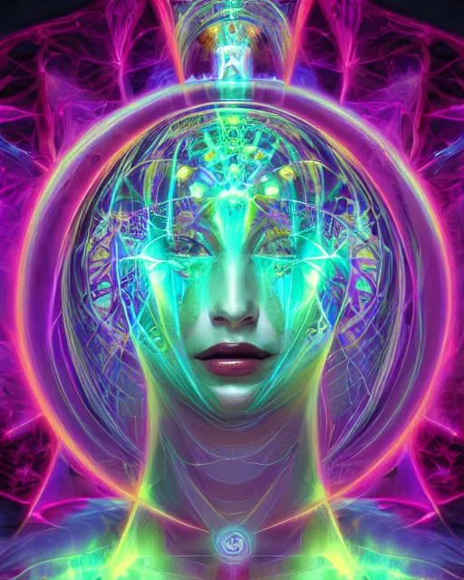 Image similar to a powerful energy psychedelic matrix priestess, by alexander fedosav, hyper detailed digital matte painting, concept art, hyperrealism, 1 6 k resolution, cinema 4 d, 8 k resolution, trending on artstation, behance hd, a masterpiece, by stephan martiniere, particles, cel - shaded, power bright neon energy, by david a. hardy,