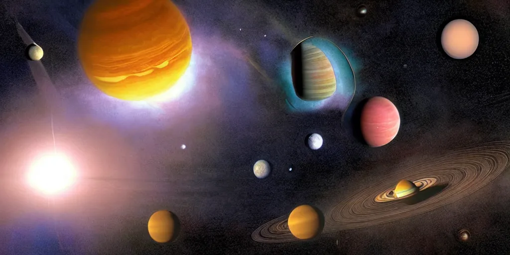 Image similar to Artwork by Tim White of the cinematic view of a solar system of giant diatom planets.