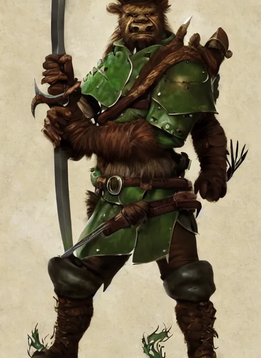 Prompt: strong young man, photorealistic bugbear ranger holding sword, fire magic, black beard, dungeons and dragons, pathfinder, roleplaying game art, hunters gear, jeweled ornate leather and steel armour, concept art, character design on white background, by norman rockwell, makoto shinkai, kim jung giu, artstation trending, poster art, colours red and green